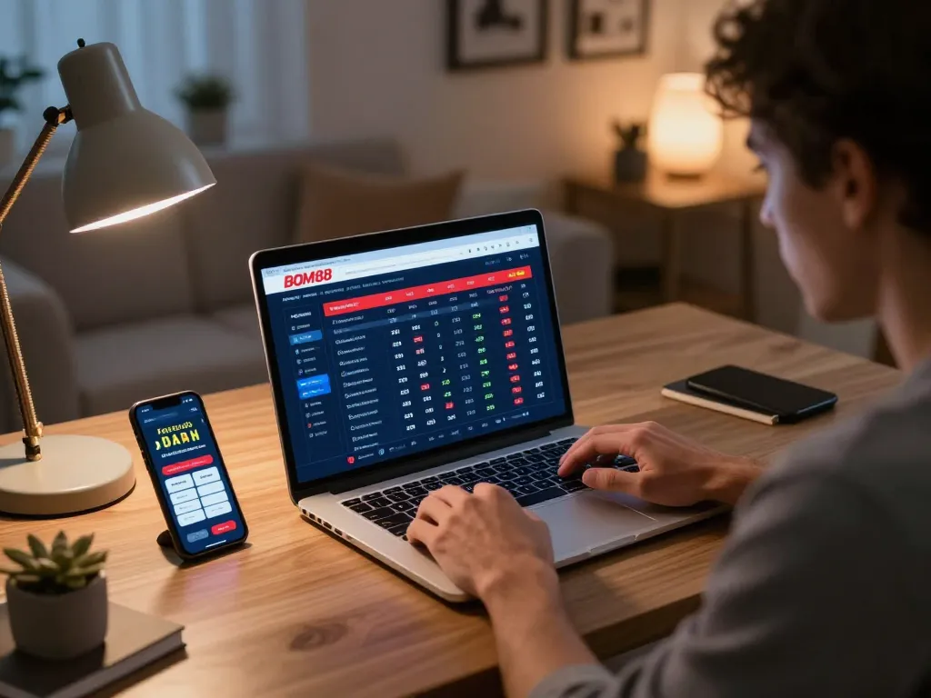 BOM88 sports betting interface displayed on laptop while placing bets in a cozy home office.