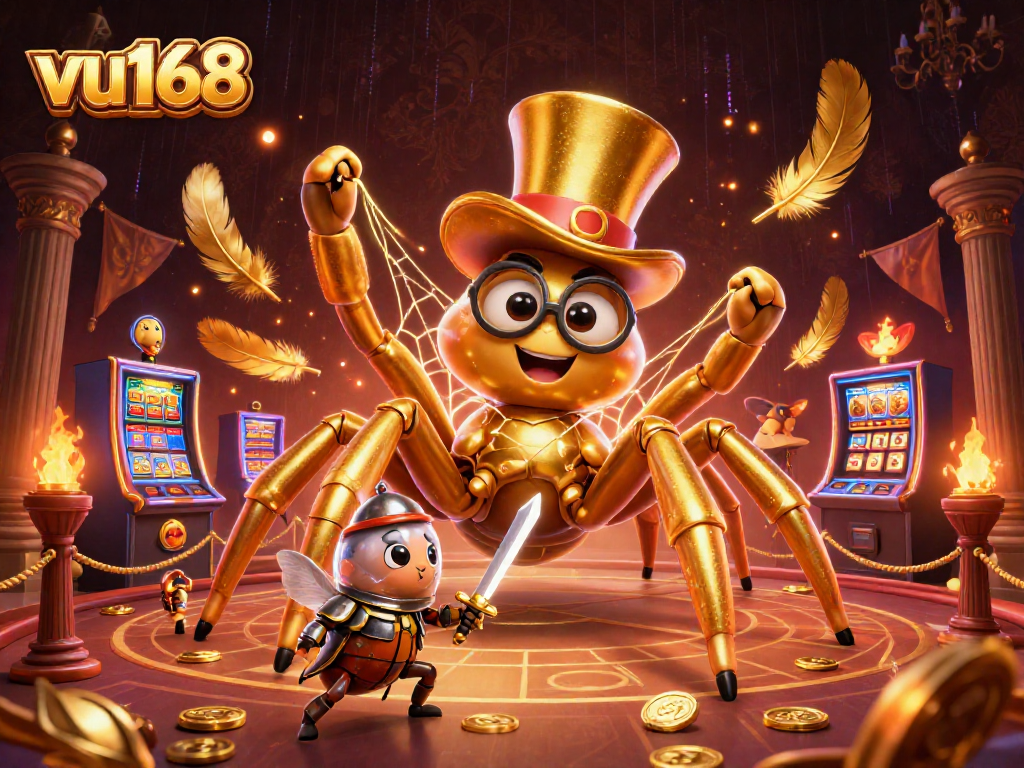 Experience thrilling gameplay at vu168 with a golden tarantula weaving luck in a vibrant casino scene.