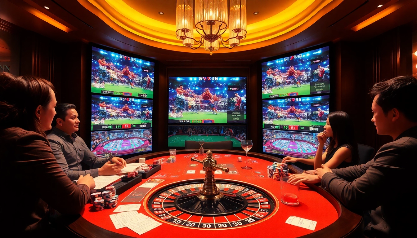 Engage in the excitement of SV388 đá gà with players betting at a vibrant casino table.
