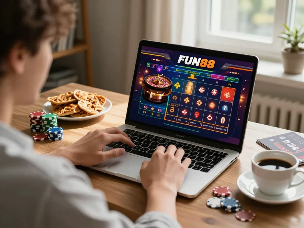 Engaging online FUN88 gaming scene with player analyzing roulette strategy at home.