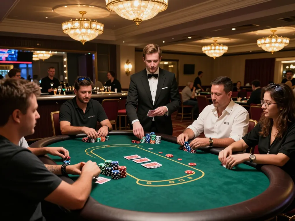 Players strategizing their bets at go99 poker table in high-energy casino atmosphere.