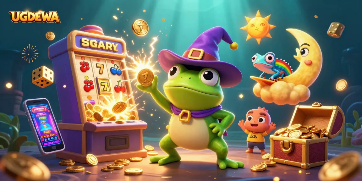 Experience the excitement of UGDEWA with vibrant slots and a jackpot storm in this 3D casino illustration.