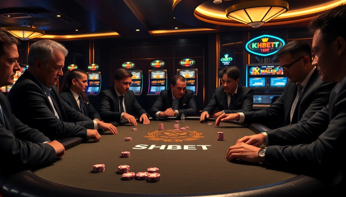 Experience the thrill of SHBET as players engage at a vibrant poker table in a luxurious casino environment.