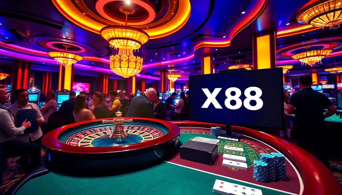 Players enjoying the thrilling atmosphere at XX88 casino with poker chips and roulette wheel.