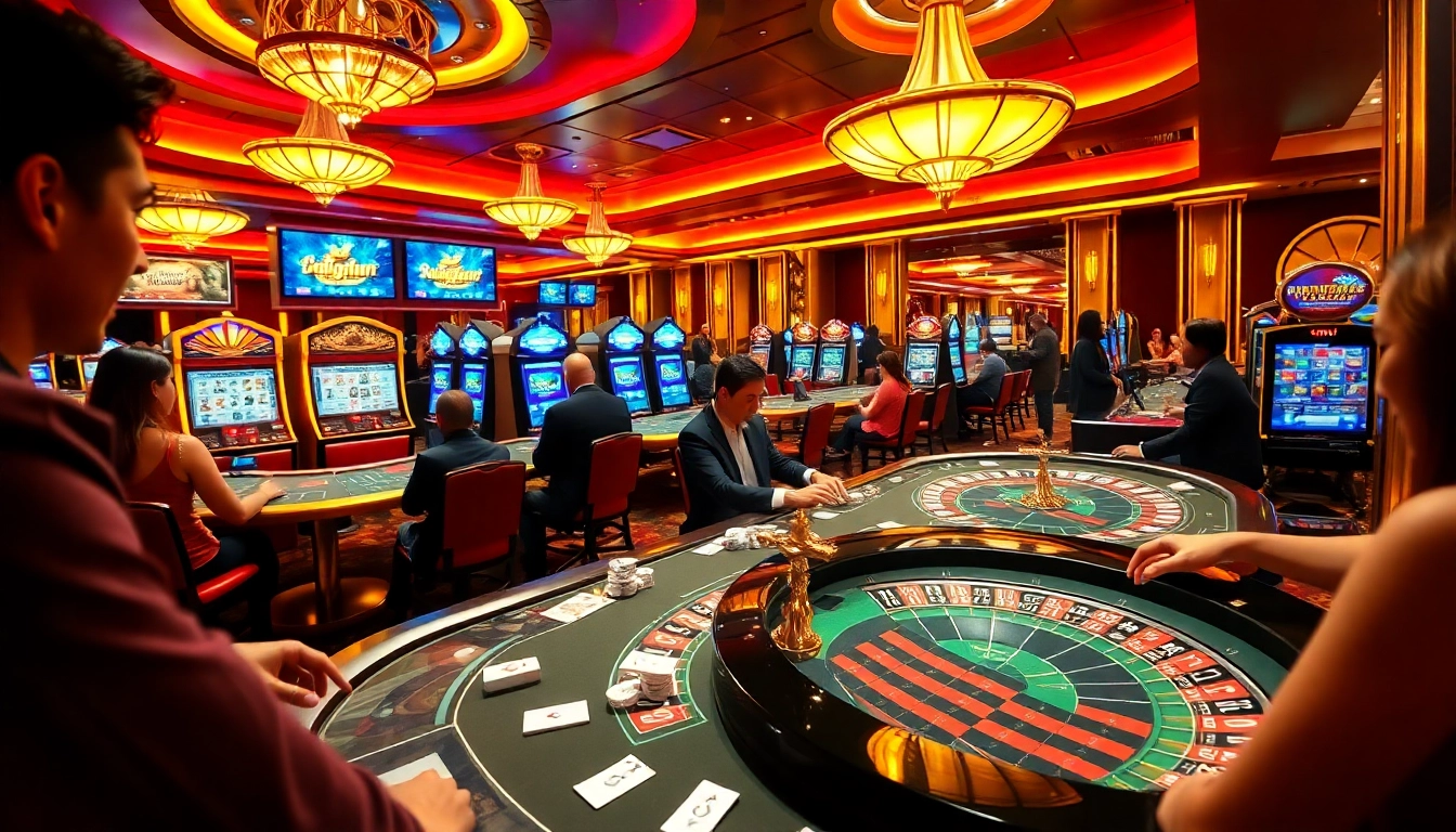 Kingfun gaming scene showcasing poker, roulette, and slot machines in a vibrant casino atmosphere.