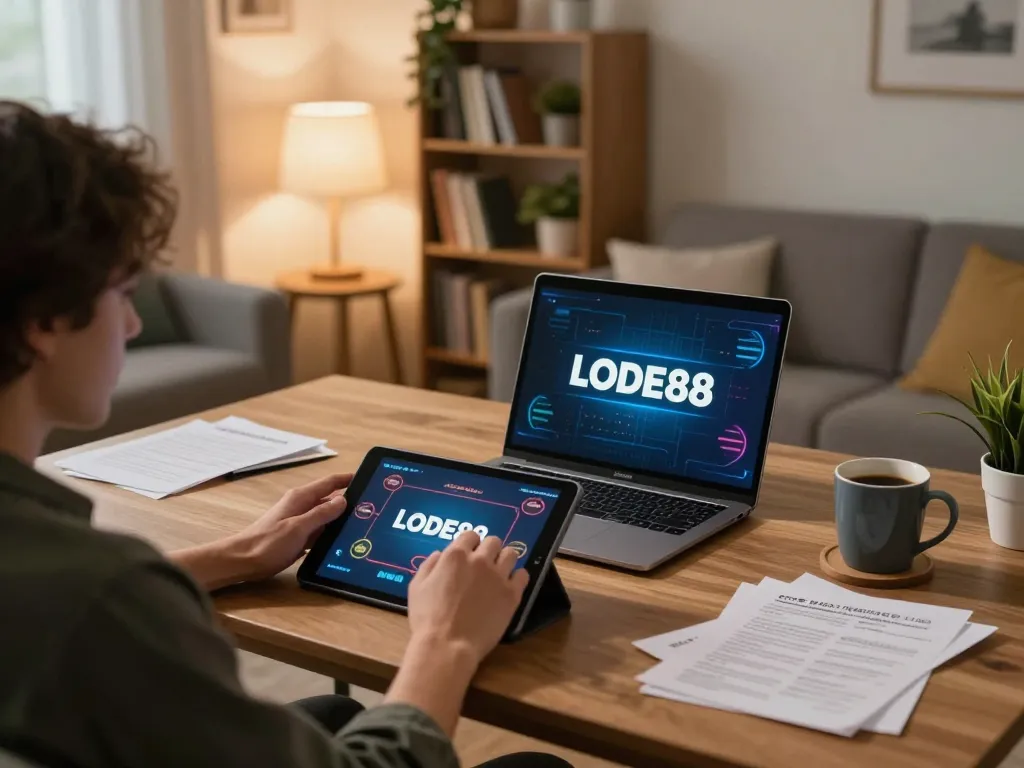 Player engaging in online gambling on LODE88 app at home, showcasing a comfortable gaming setup