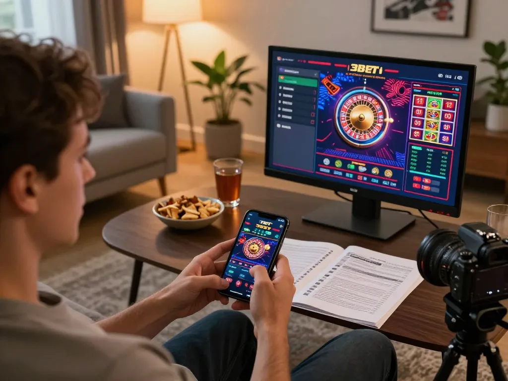 Engaging online gaming scene showcasing a smartphone with 3BET app in a cozy home setting.