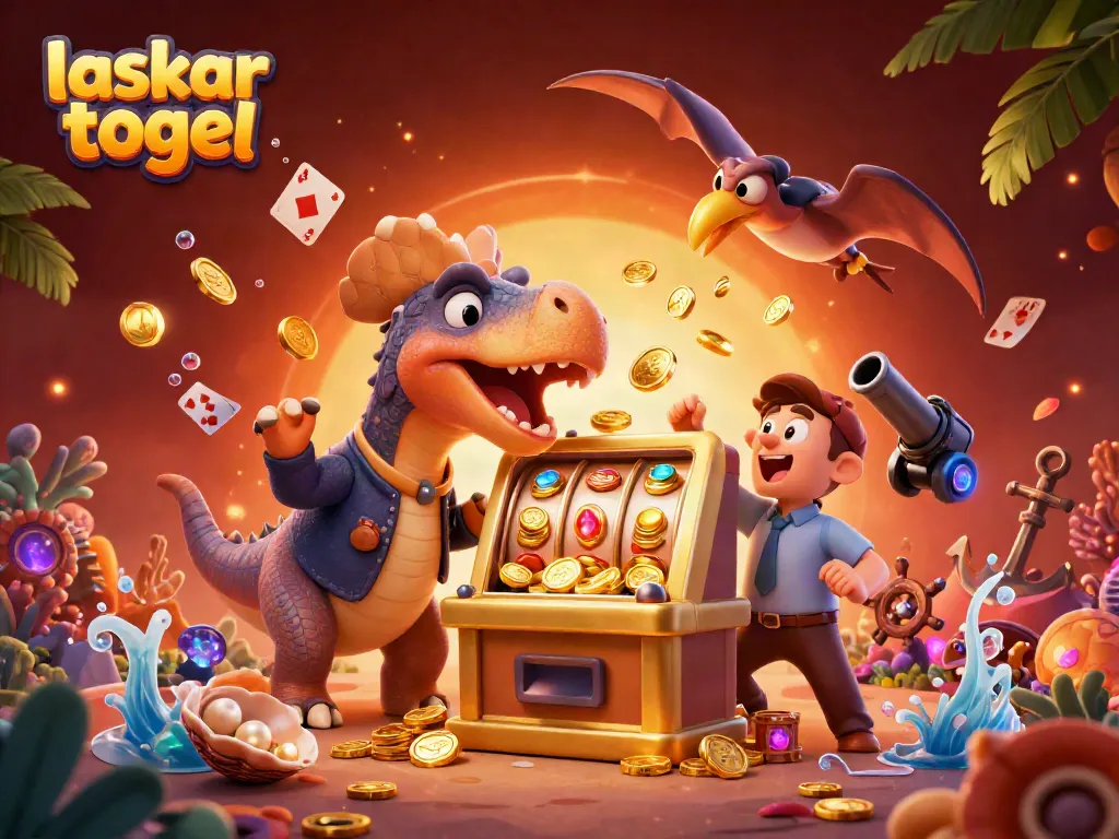 Engage with laskar togel as a cartoon dinosaur wins jackpot coins in a vibrant casino scene.