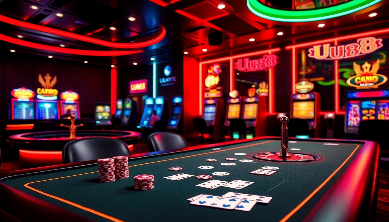 Experience the excitement of online gambling with UU88's luxurious casino atmosphere featuring vibrant games and engaging players.
