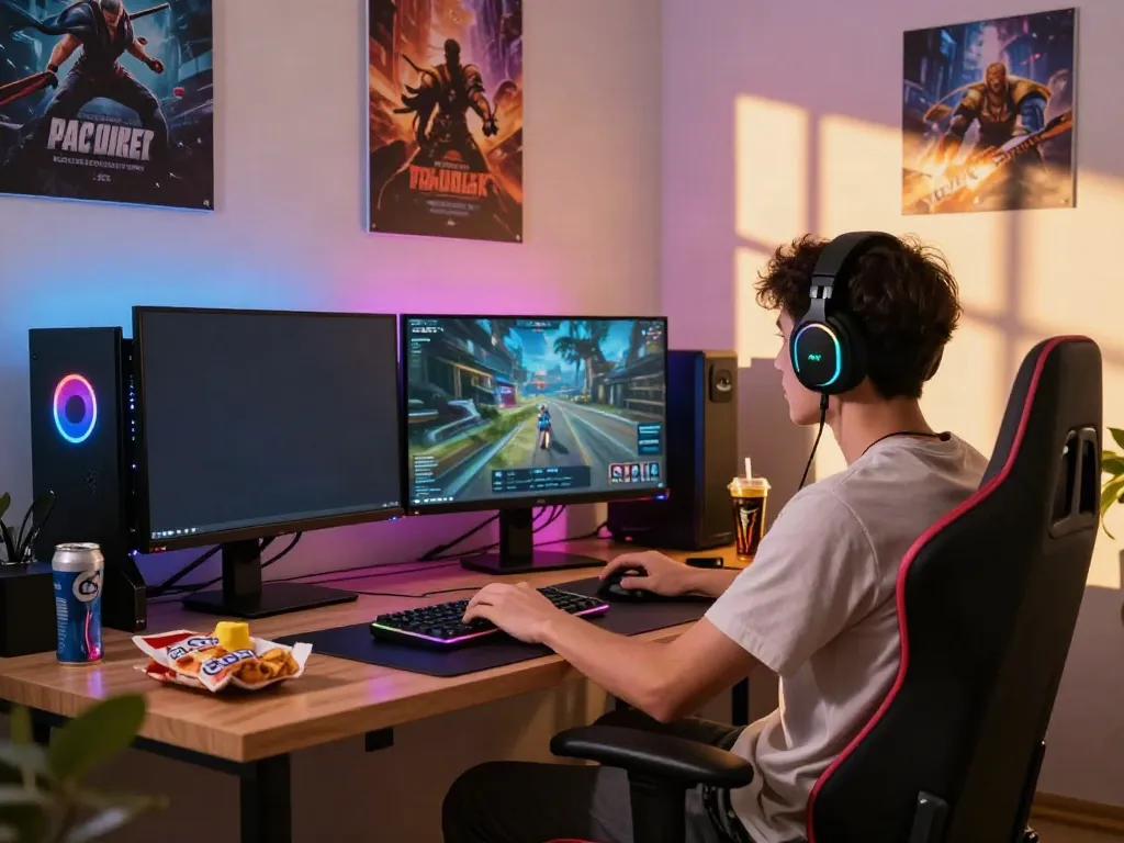 A vibrant akunjp gaming setup featuring a player immersed in action.