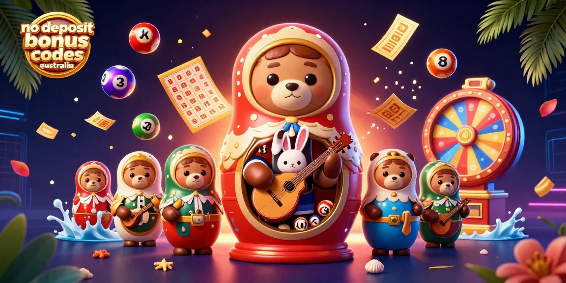 Experience the thrill with no deposit bonus codes australia showcased through colorful lottery elements and dynamic casino characters.