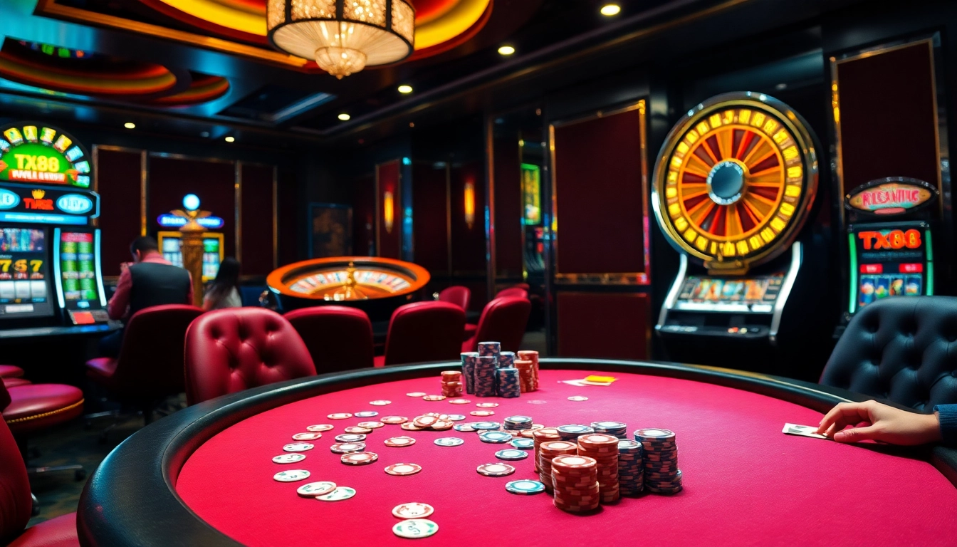 Players enjoying a high-stakes poker game with tx88 chips and cards in a luxurious casino setting.