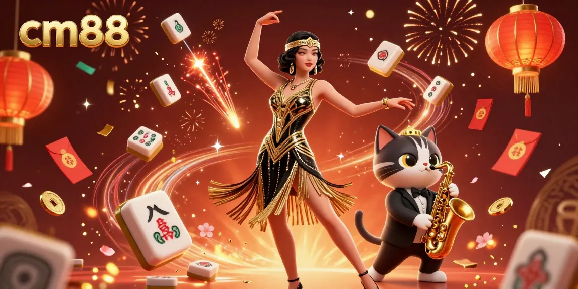 Experience the excitement at cm88 with vibrant gaming visuals, featuring a dancing character amid festive elements.