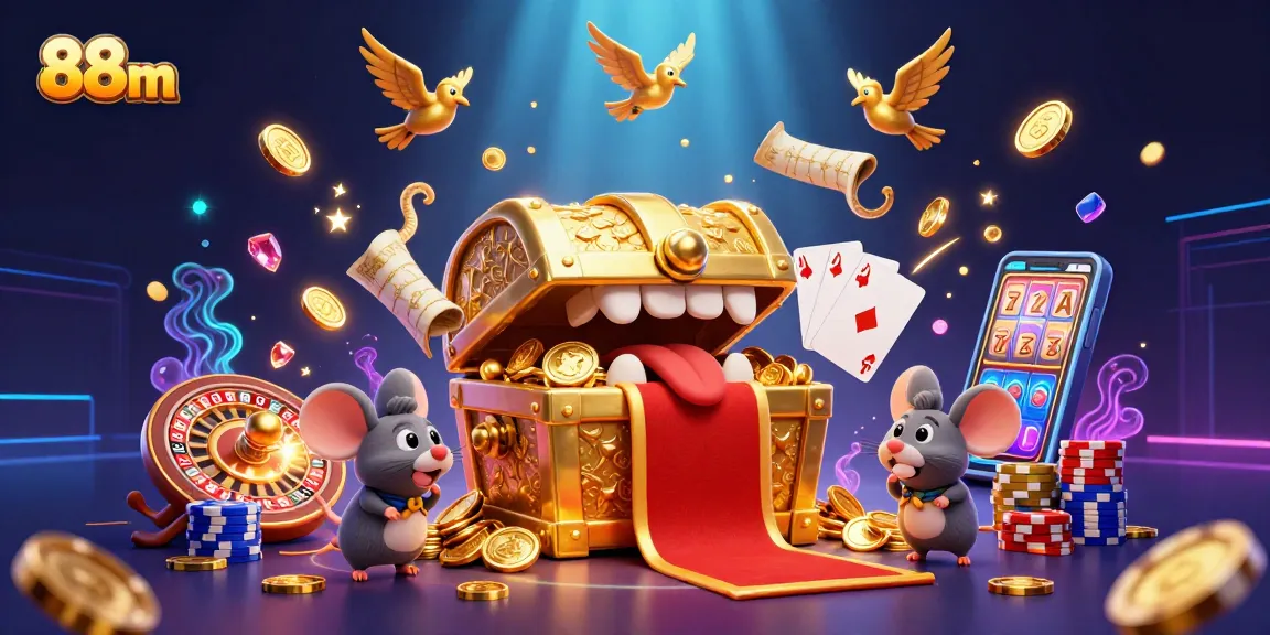 Experience thrilling wins at 88m with dazzling treasures and dynamic gaming action in this vibrant casino illustration.