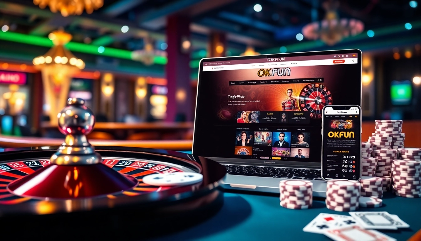 Enjoying games at OKFUN online casino with vibrant poker chips and roulette wheel.