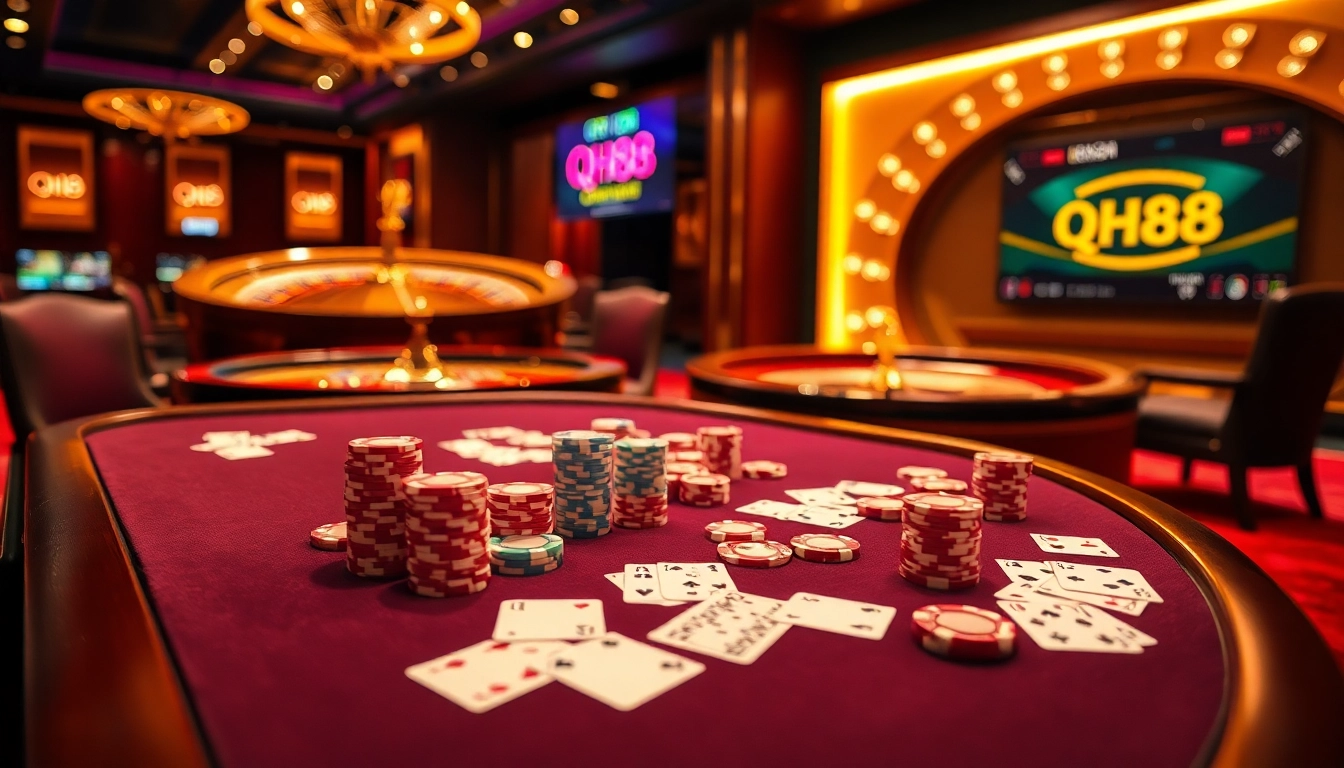 Players engaging at a qh88 poker table amidst a vibrant casino atmosphere with chips and cards.