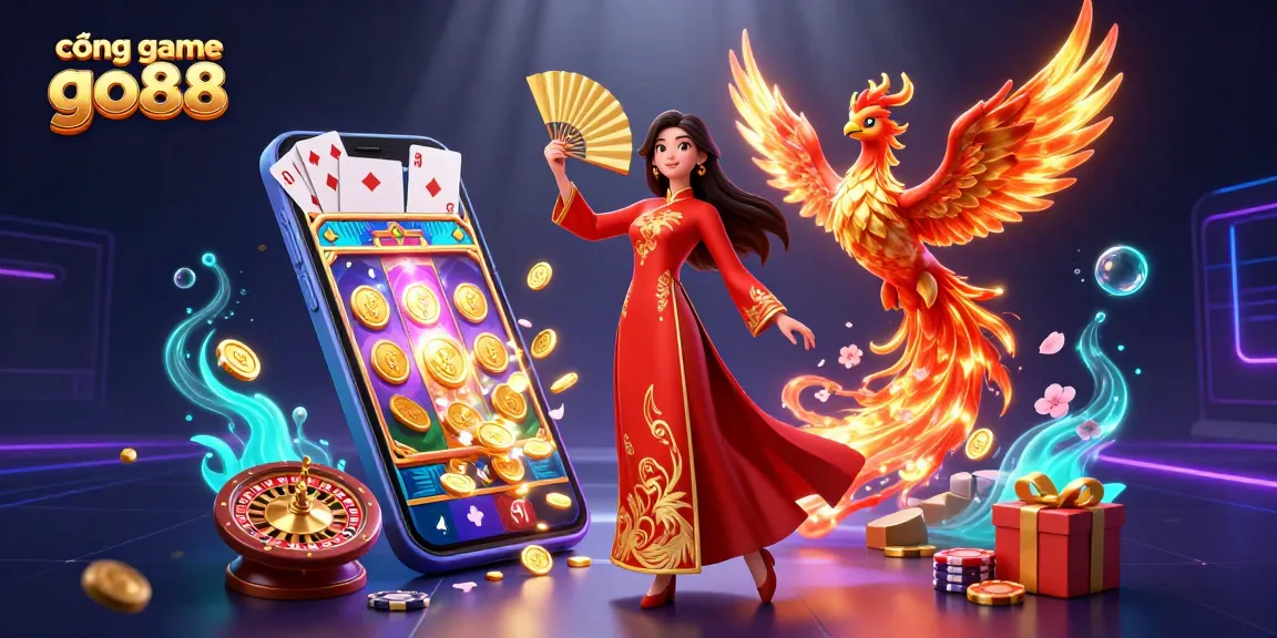 Engage with the cổng game go88 as a woman in ao dai celebrates a vibrant casino experience.