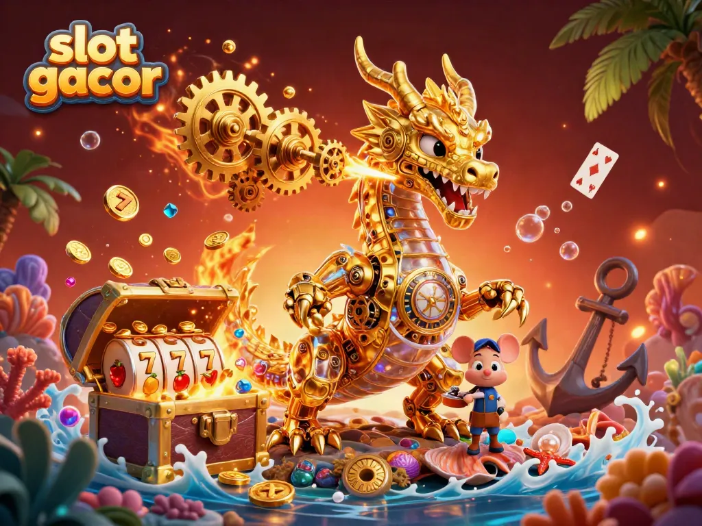 Experience slot gacor with a golden dragon, vibrant game elements, and enchanting treasures in this 3D scene.