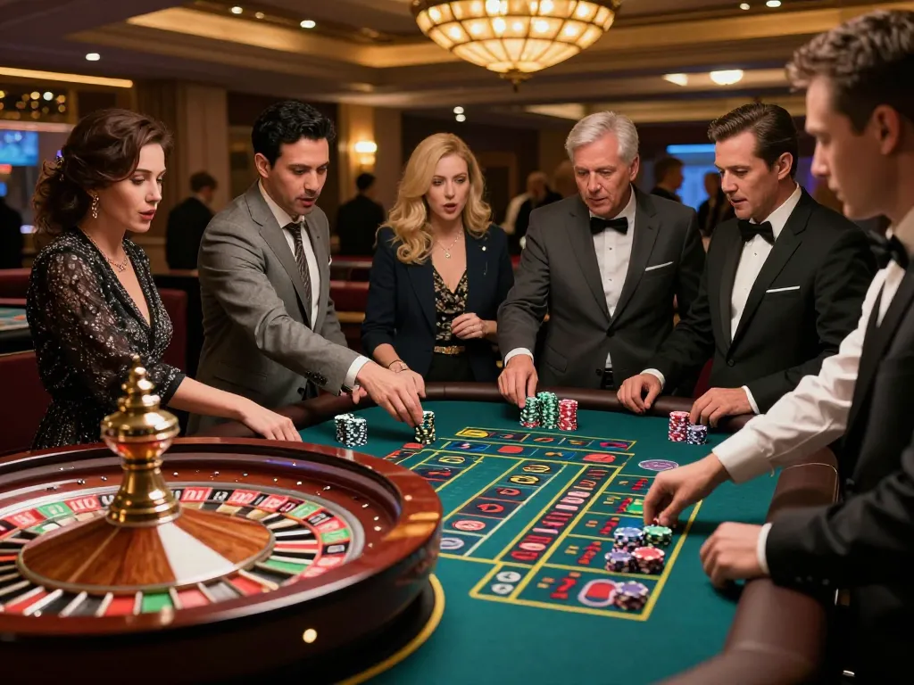 LV88 players eagerly betting at a roulette table, capturing the excitement in a vibrant casino atmosphere
