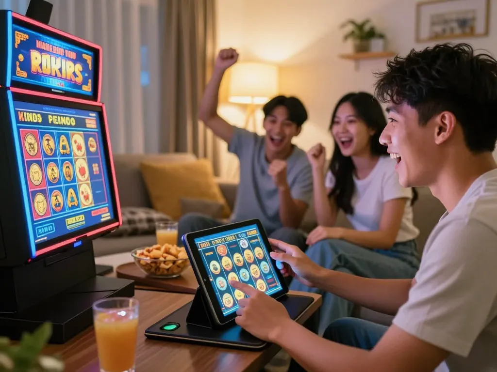 Filipino players engaged with PHSKY slot games on a tablet in a cozy home setting.