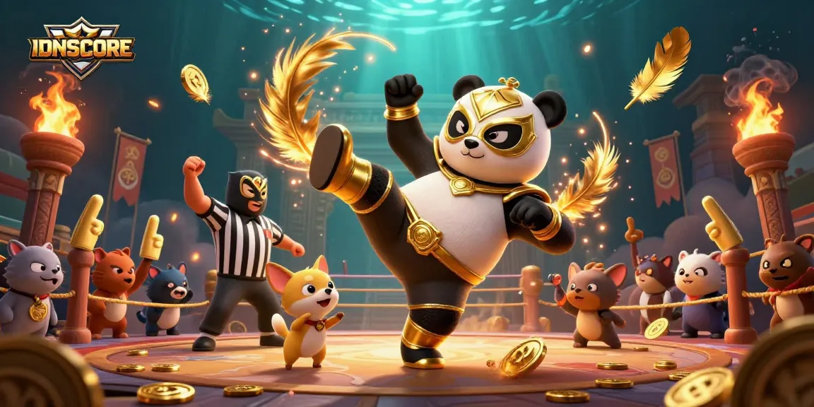Experience thrilling action at IDNSCORE with a cartoon panda wrestler in a vibrant gambling arena, surrounded by cheering fans.