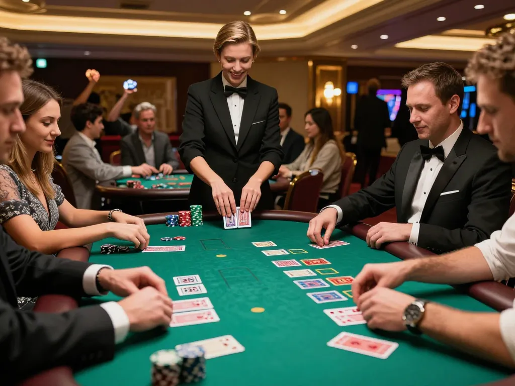 Players strategizing at blackjack tables in vibrant non gamstop casinos, showcasing immersive casino experience.