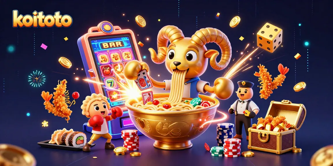 Spin and win at KOITOTO with a vibrant jackpot scene featuring cartoon characters and casino symbols.