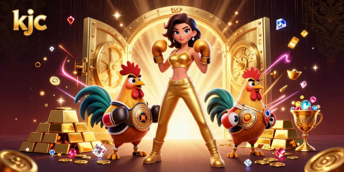 KJC's lively gambling scene showcasing a champion rooster and an athletic woman amidst dazzling treasures and games.
