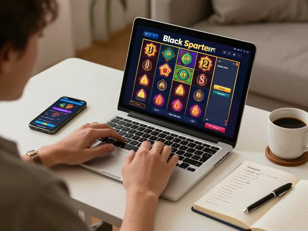 Player engaging with Black Scatter slot game on a laptop in a cozy home environment