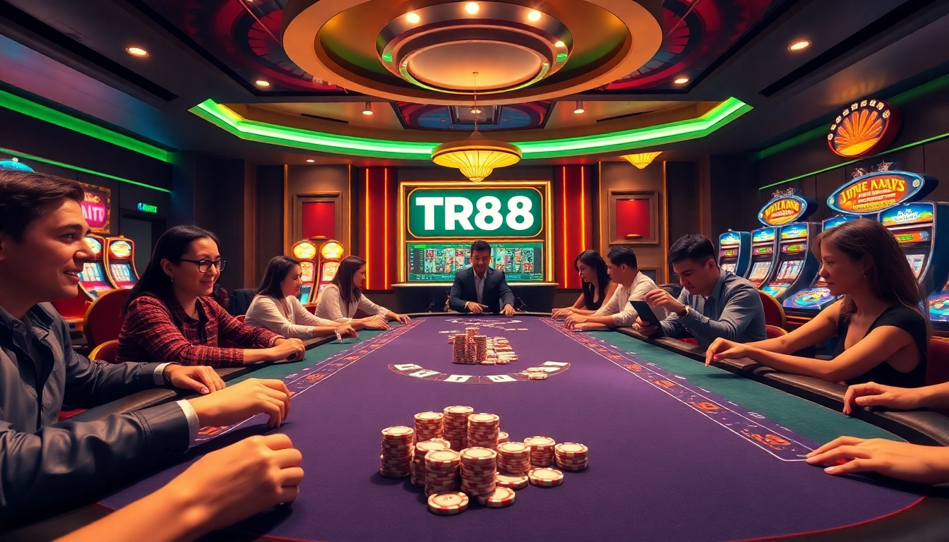 Action-packed TR88 casino scene with players engaged at a high-stakes poker table.