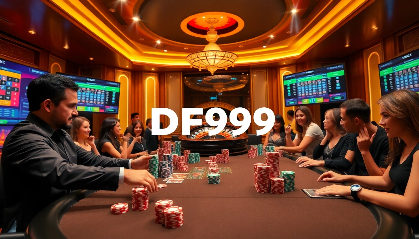 Players enjoying an exciting poker game at DF999 casino, showcasing thrilling action and vibrant atmosphere.