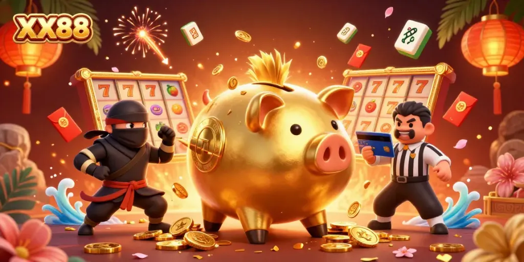 Spin the reels with XX88's energetic casino scene featuring vibrant characters and symbols.
