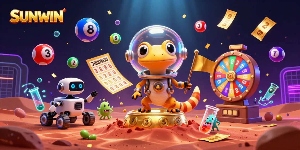 SUNWIN unveils a whimsical 3D scene with a Martian gecko, depicting vibrant lottery excitement.