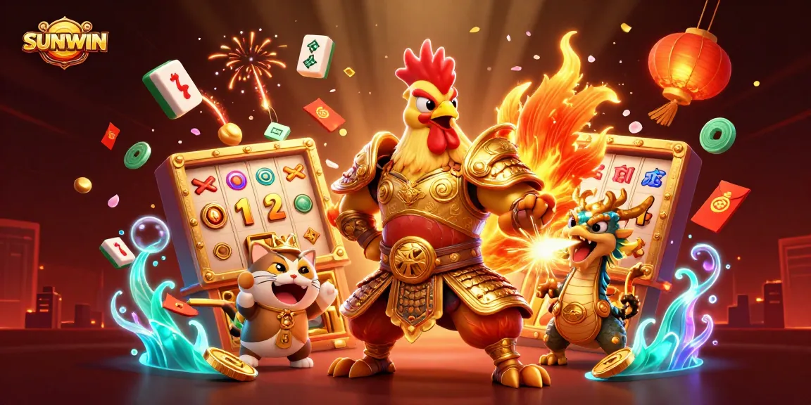 SUNWIN offers thrilling slot gameplay with vibrant symbols and dynamic characters in a 3D casino illustration.