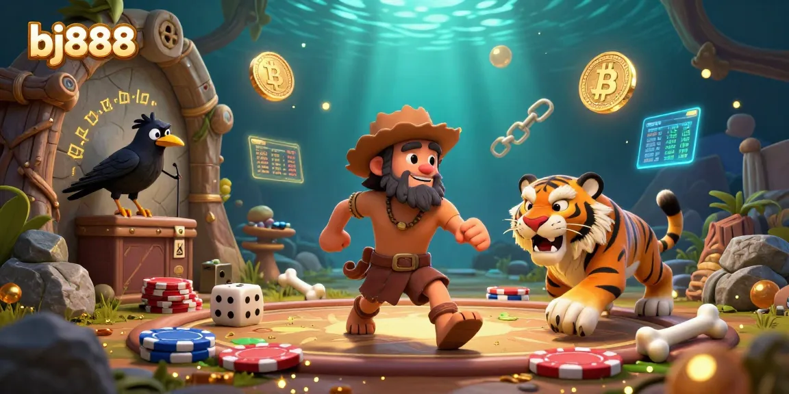 Experience the vibrant gaming action at bj888, where prehistoric characters engage in thrilling casino games.