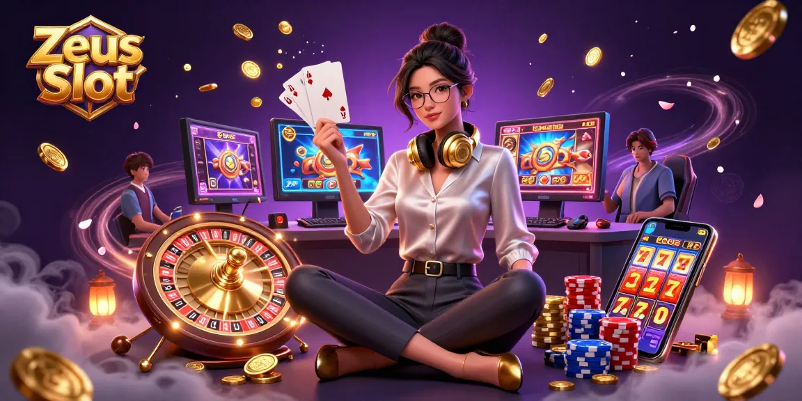 Play the Zeus Slot game with cascading coins and vibrant casino elements in this 3D illustration.