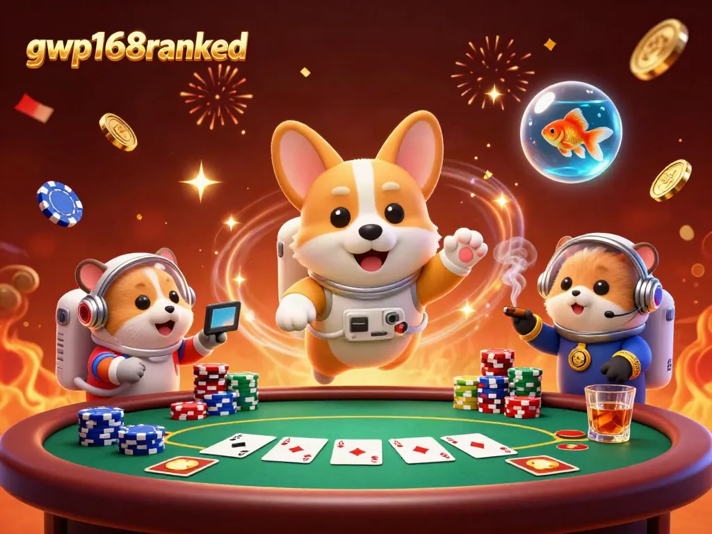 Momen menang dengan gwp168ranked di kasino luar angkasa dengan corgi astronot dan chip poker melayang.