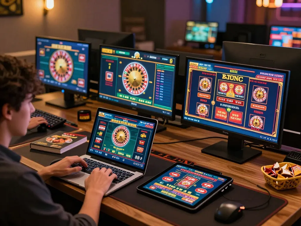 Player engaging in online casino gaming with lv88 app on multiple devices, showcasing exciting gameplay.