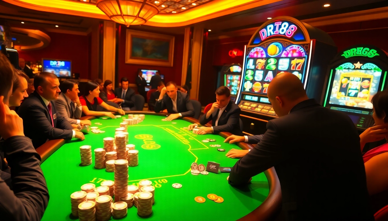 Exciting casino scene with high-stakes gambling at dr88 featuring vibrant poker chips and dealers.