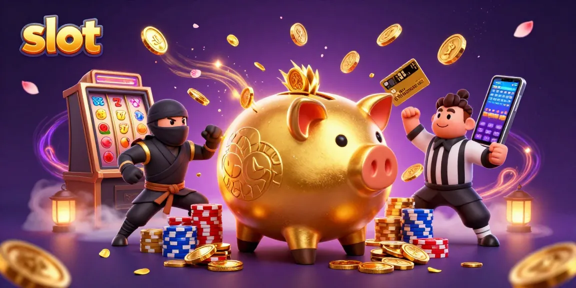 Spin the reels and win big with slot gameplay featuring a golden piggy bank sumo wrestler.