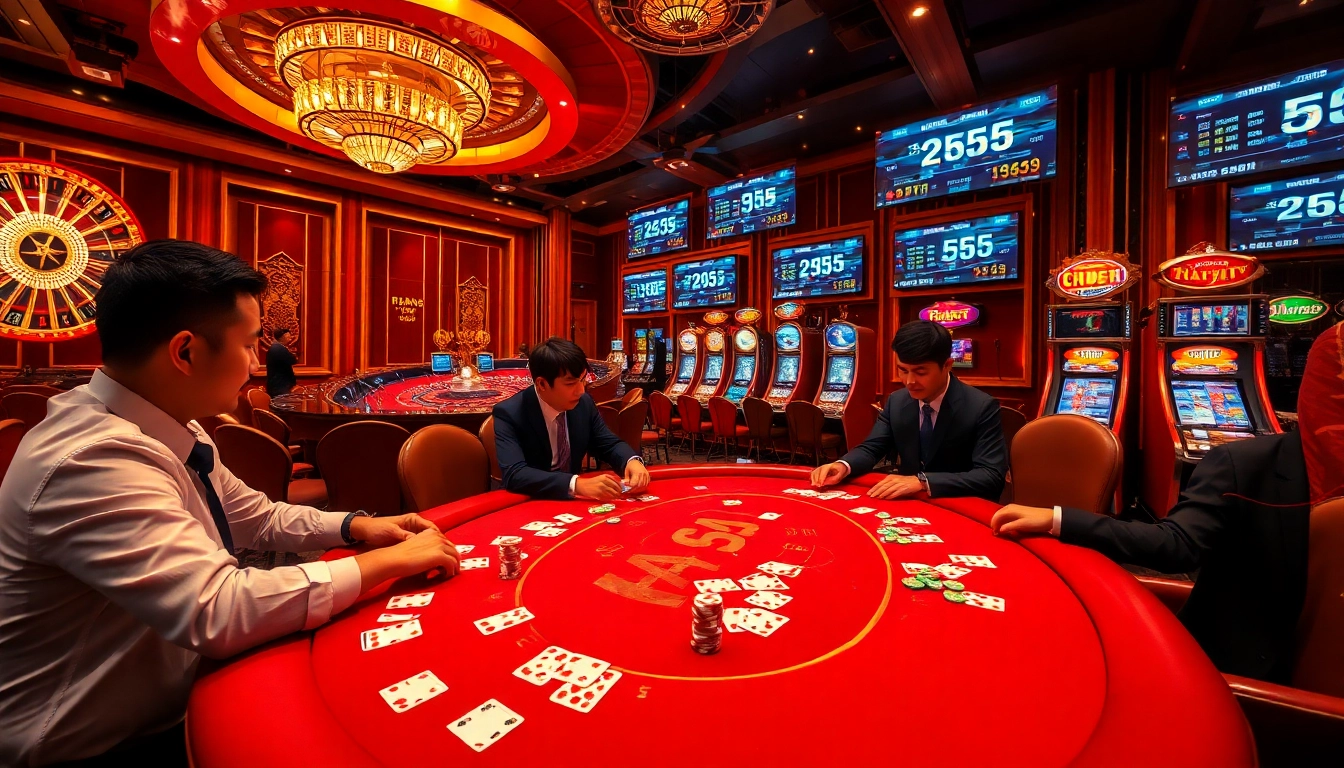 Players enjoying poker at KK55 casino, with vibrant chips and cards in a luxurious setting.
