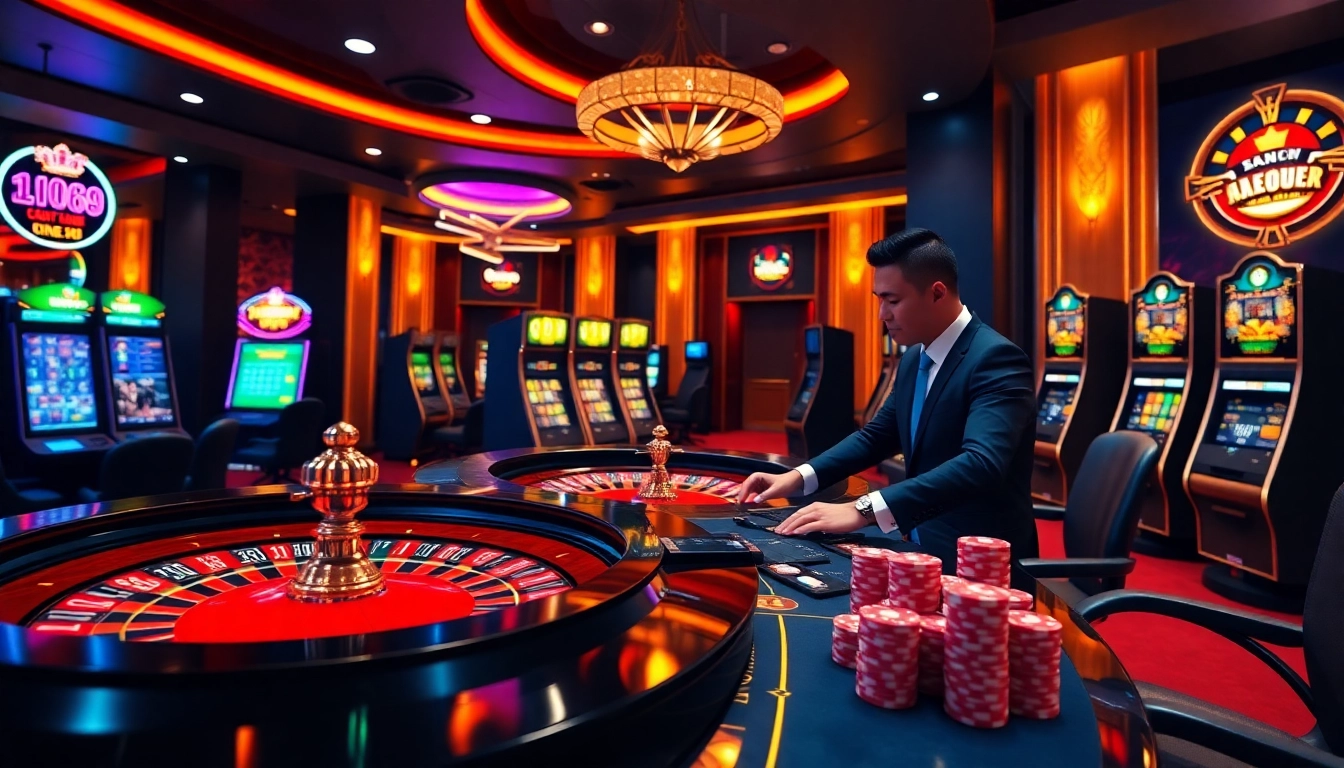 Experience thrilling gaming at king88 with an inviting online casino atmosphere showcasing roulette and poker.