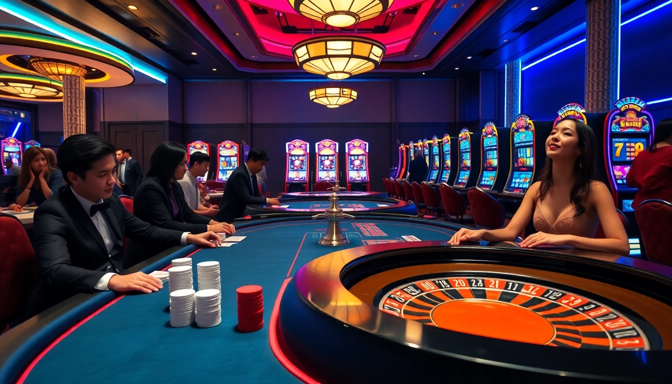 Exciting gambling action at uu88 casino tables showcasing poker chips and a roulette wheel.