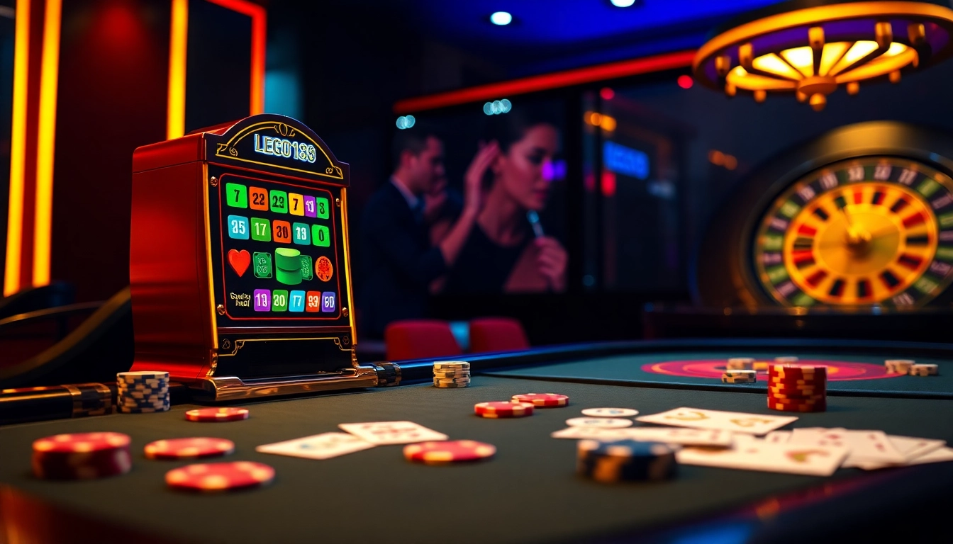Winning at LEGO138 slot machine surrounded by colorful poker chips and cards.