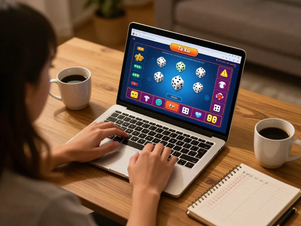 Tài xỉu online gameplay with a laptop interface showing betting options, emphasizing at-home gaming strategy.
