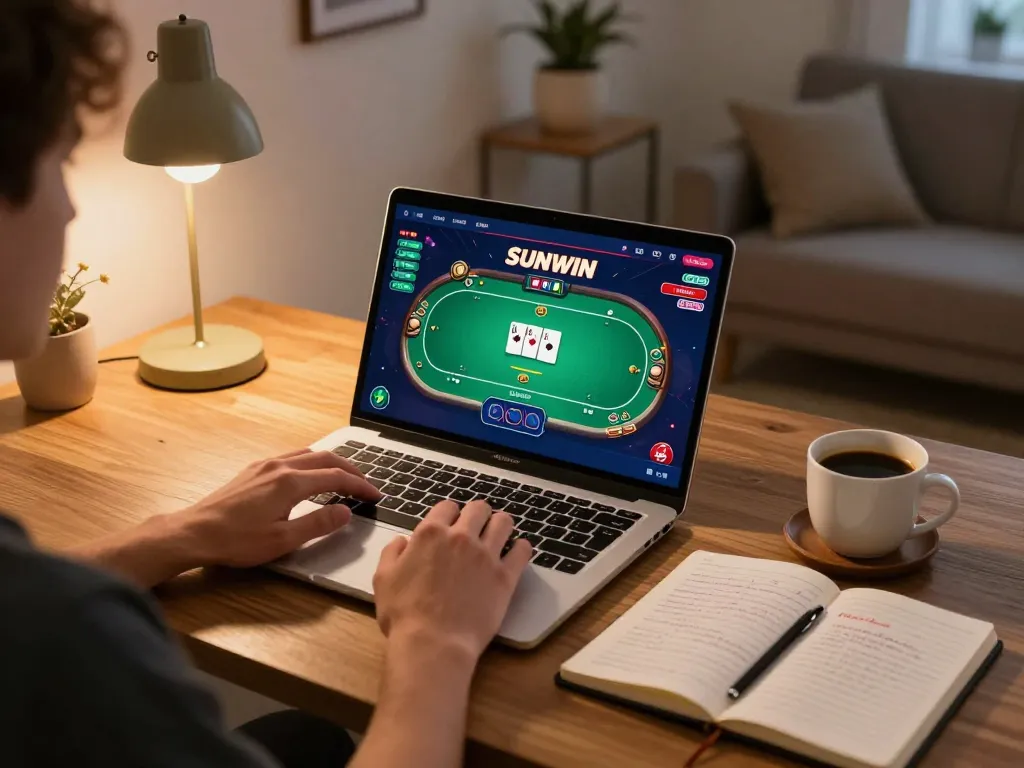SUNWIN gameplay displayed on a laptop, featuring vibrant poker interface and cozy gaming setup