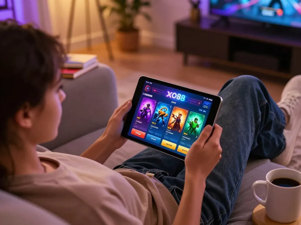 Player enjoying mobile gaming on xo88 tablet, relaxed atmosphere and modern setting