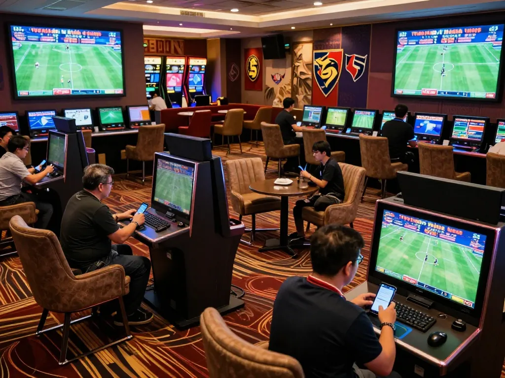 Kèo nhà cái 5 vibrant sports betting lounge with bettors engaged on screens.
