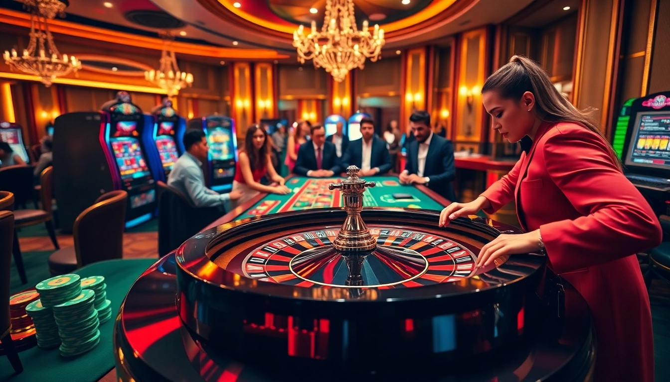 A lively casino scene at Kkwin with players at the roulette table and slot machines, illuminated in luxurious colors.