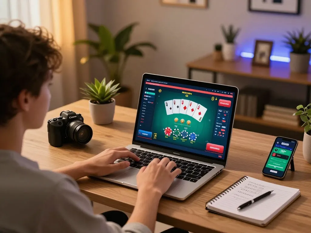 Engholmnds user enjoying online gambling strategy at home with laptop and smartphone.